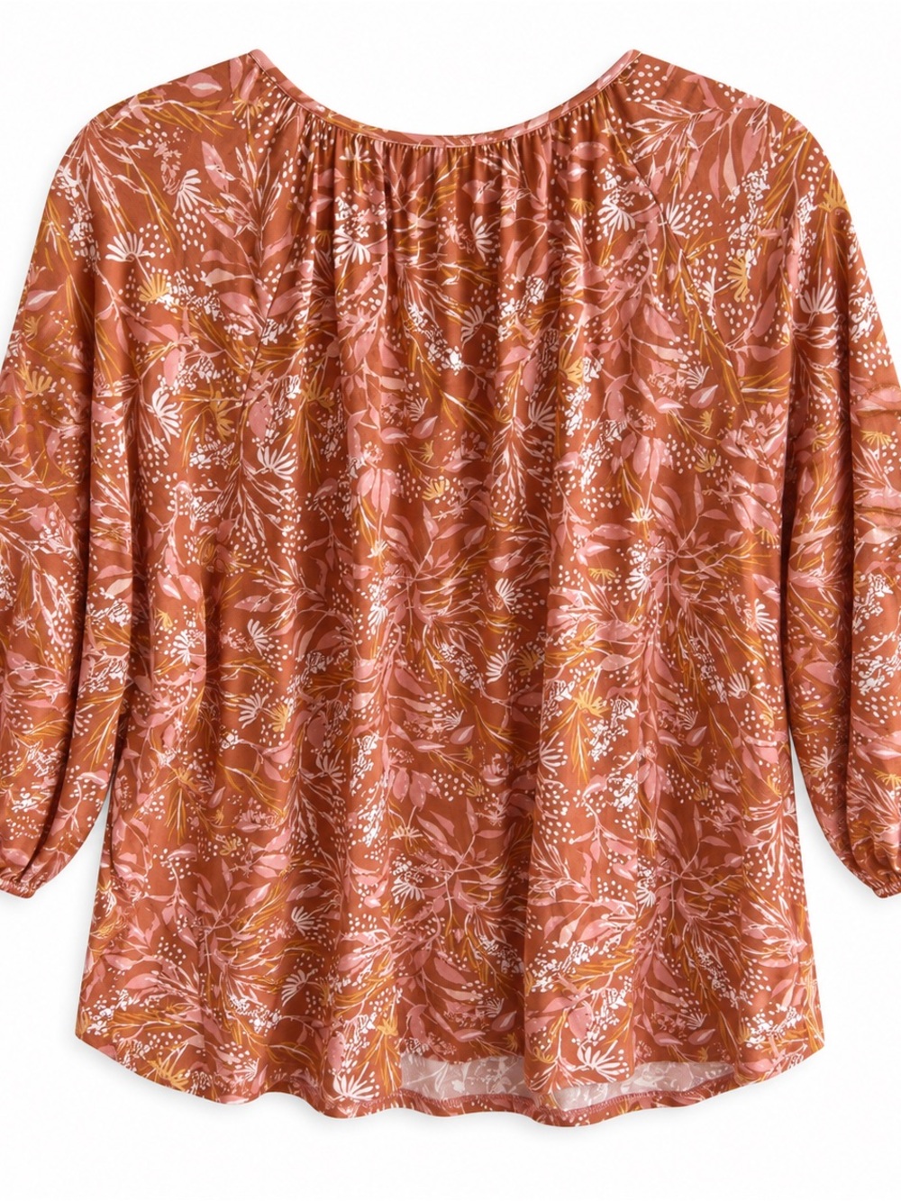 Garnet Hill XL Rust Floral TENCEL Peasant Blouse Tie Neck - Picture 2 of 4